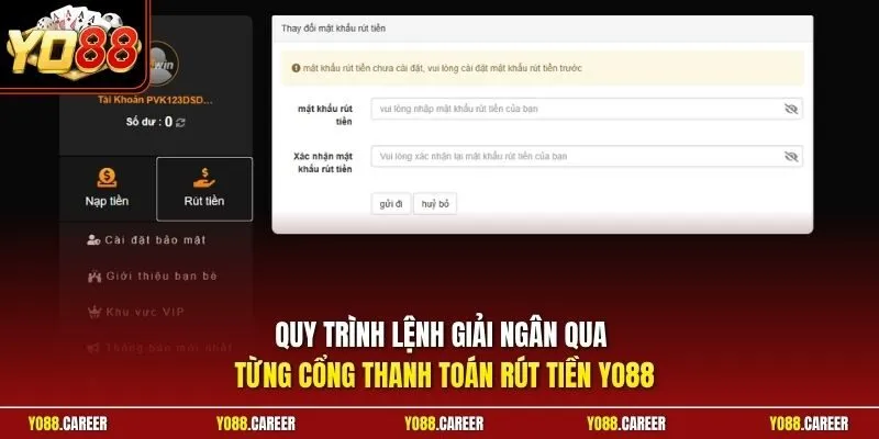 Quy trình lệnh giải ngân qua từng cổng thanh toán rút tiền YO88